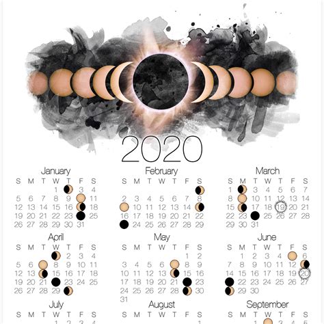 2020 Moon Phase Calendar Lunar Calendar With Solar Eclipse Celestial