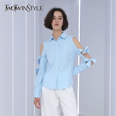Twotwinstyle Off Shoulder Women S Shirt Bowknot Long Sleeve Blouse Female Tops Sweet Clothes
