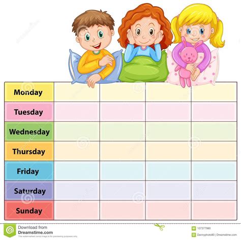 Seven Days Of The Week Table With Kids In Pajamas Stock Vector