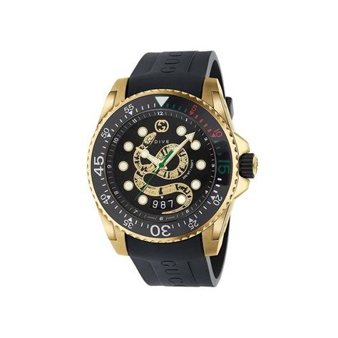 Gucci Mens Dive Gold Plated Snake Dial Black Rubber Strap