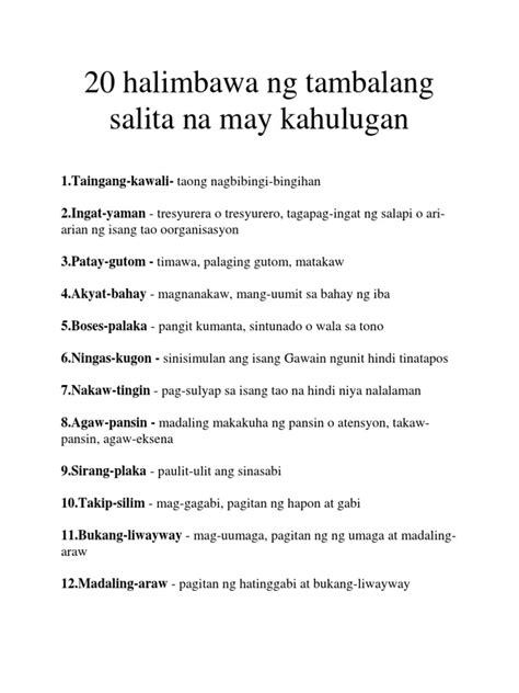 20 Halimbawa Ng Tambalang Salita Na May Kahulugandocx