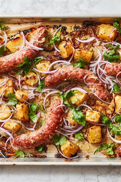 Sausages With Tangy Gingery Pineapple Recipe Recipe Recipes Pineapple Recipes Sheet Pan