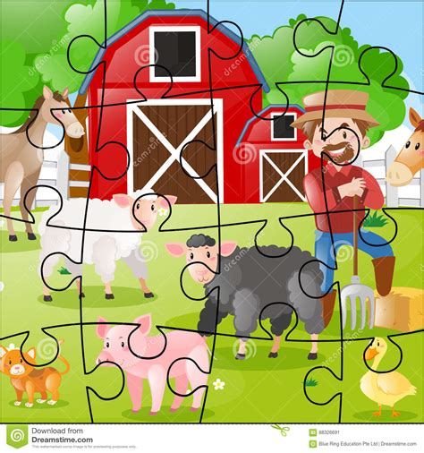 Jigsaw Puzzle Game With Farmer And Animals Stock Vector Illustration