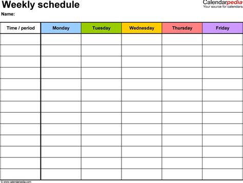 5 Day Week Calendar Template