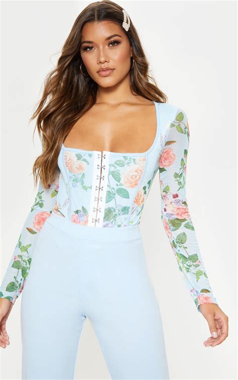 Blue Floral Printed Mesh Bodysuit Tops Prettylittlething Ie