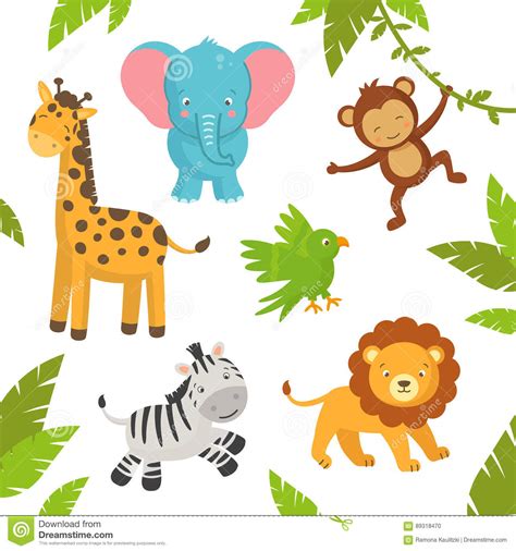 Cute Jungle Animals stock illustration. Illustration of tree - 89318470