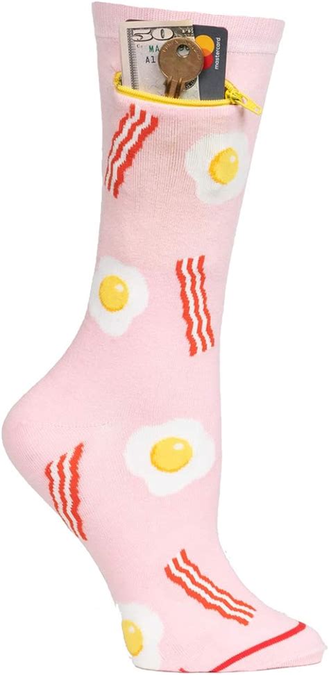 Womens Pocket Socks Bacon And Eggs Crew Soft Cotton With Security Zip