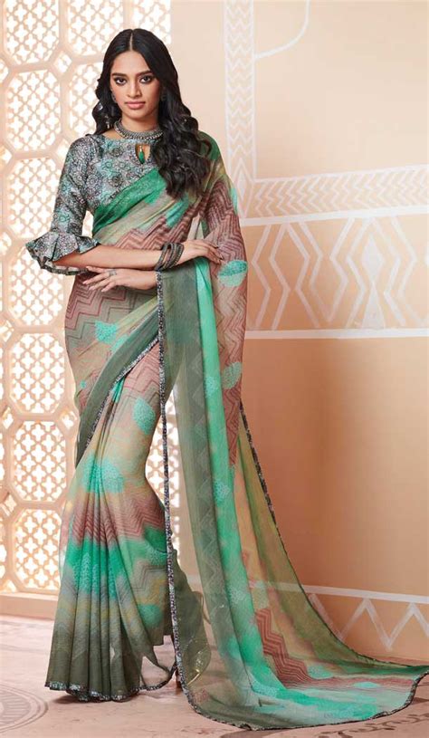 Multi Color Chiffon Ruffle Style Digital Printed Saree 730690459 Di 2020 Sari Desain Blus