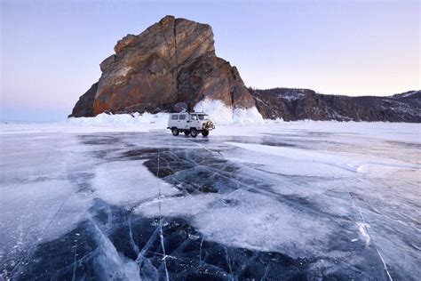 Off Road Tourist Vehicle At Khoboy Cape Baikal Lake Olkhon Island