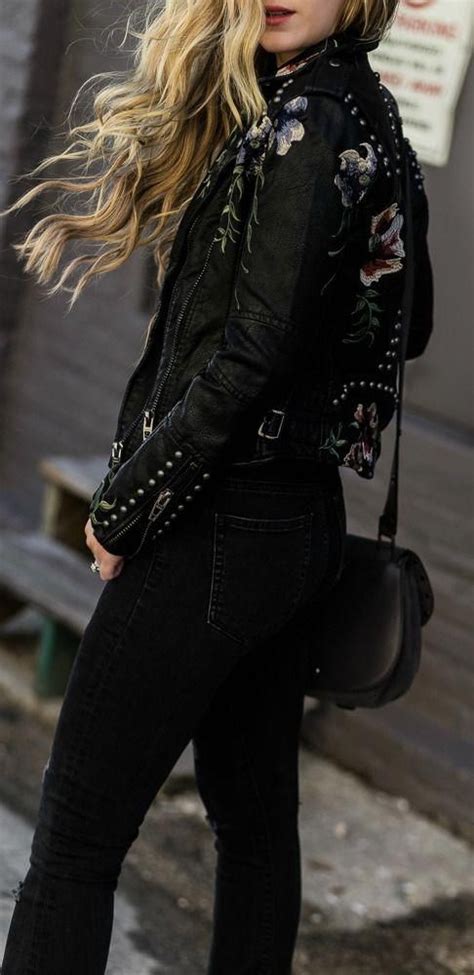 Edgy Winter Outfit Styled With Embroidered Leather Jacket Black Flared