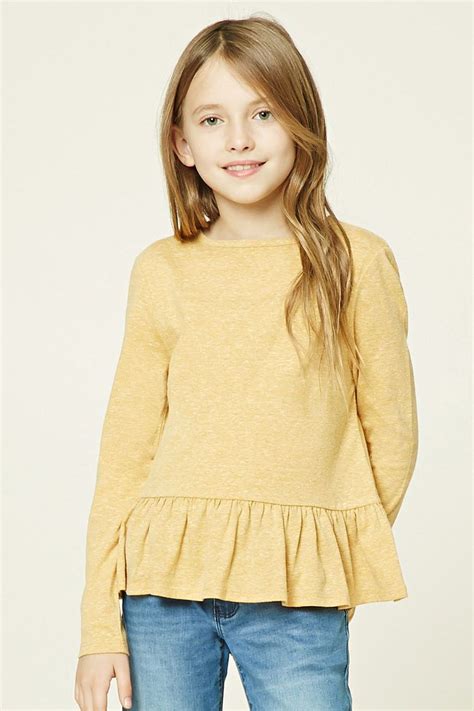 Forever 21 Girls A Heathered Knit Top Featuring A Ruffled Hem Round