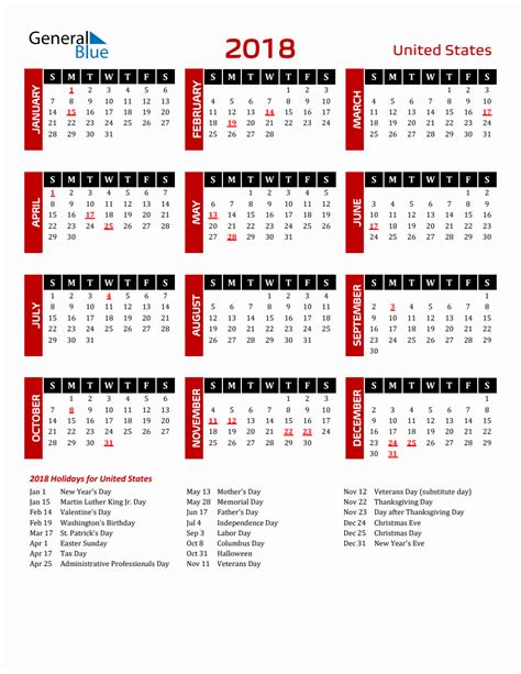 United States 2018 Yearly Calendar Downloadable
