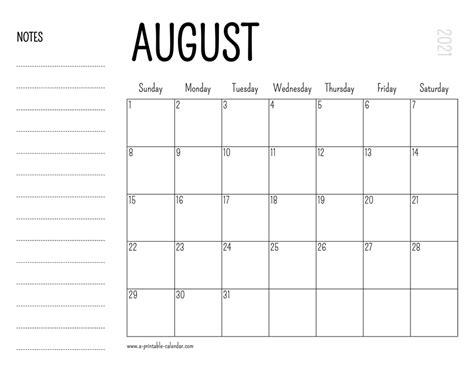 August 2021 Printable Calendar A Printable Calendar