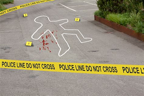 Crime Scene Do Not Cross Police Tape Chalk Outline Circles A Human Body