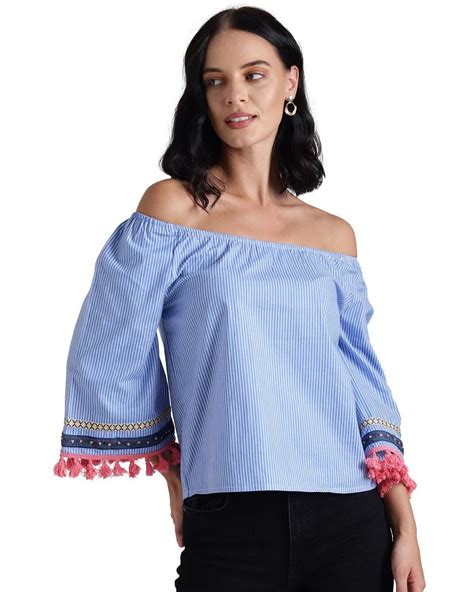 Buy Womens Tassel Hems Off Shoulder Blue Top For Women Blue Online At Bewakoof