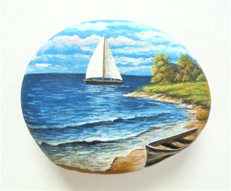 Landscape Rock Painting With Boat On The Beach By Rockartattack Stone