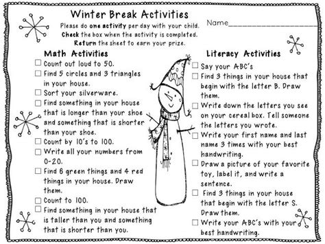 Winter Break Activities Winter Break Activities Holiday Homework