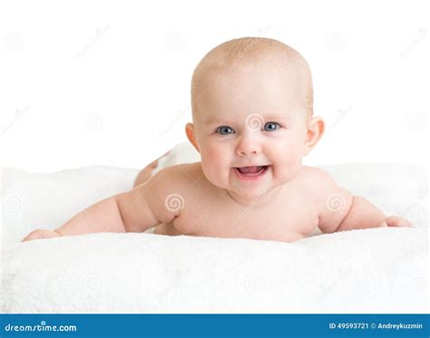 Cute Smiling Baby Lying On White Towel Stock Image Image Of Face
