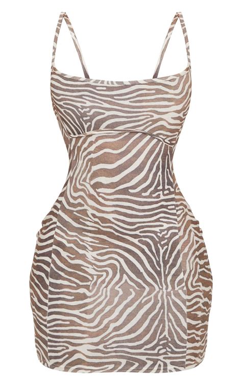 Brown Zebra Print Strappy Underbust Bodycon Dress Prettylittlething Aus