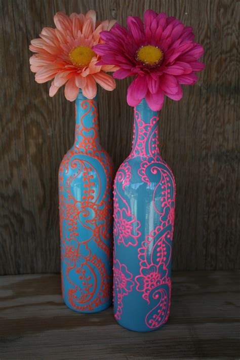 Set Of 2 Hand Painted Wine Bottle Vases Turquoise By Lucentjane
