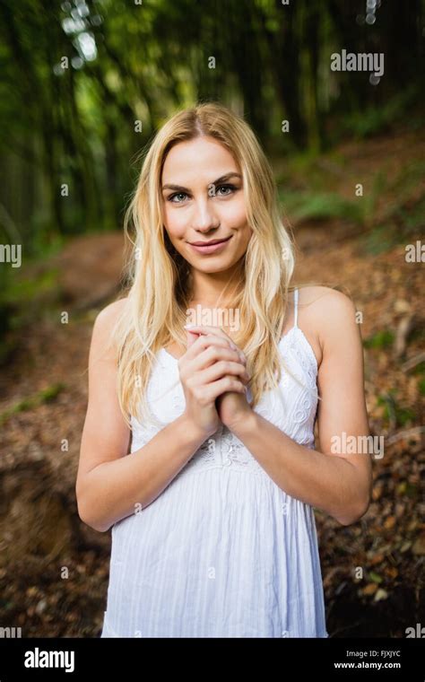 Beautiful Blonde Woman Wearing White Dress Stock Photo Alamy