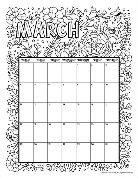 March 2018 Coloring Calendar Page Woo Jr Kids Activities Coloring