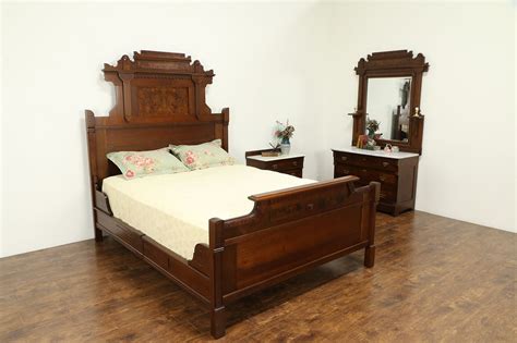 Victorian Eastlake Antique Queen Size 3 Pc Bedroom Set Marble Tops