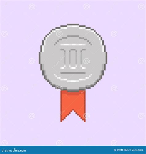 Simple Flat Pixel Art Illustration Of Round Silver Medal Or Second