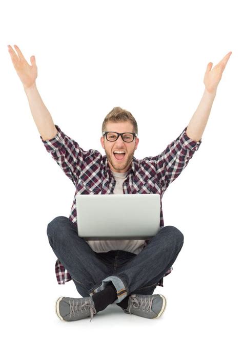 Handsome Man Cheering Camera Laptop Sitting Floor Stock Photos Free