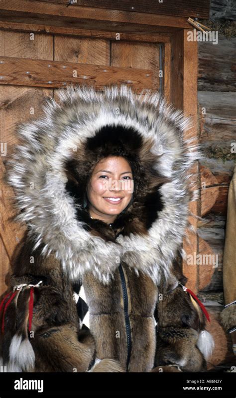 Athabascan Native American Young Woman In Fur Coat Fairbanks Alaska Usa North America Stock