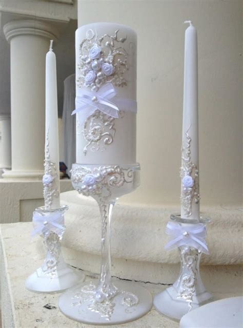 Beautiful Wedding Unity Candle Set 3 Candles And 3 Glass
