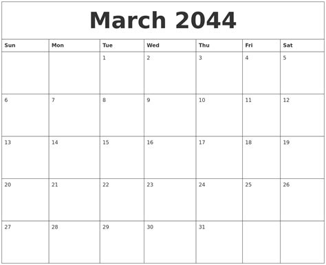 March 2044 Blank Calendar Printable