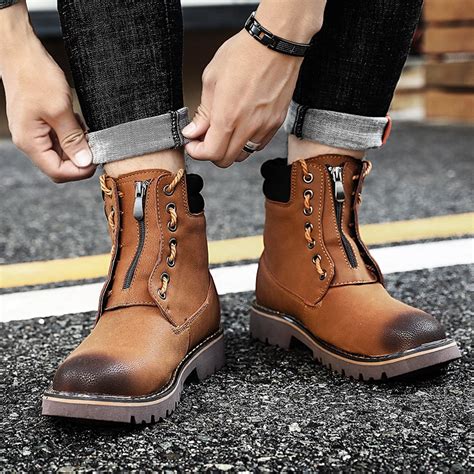 Winter Casual Boots Men Fashion Lace Up Leather Snow Boots Shoes Low
