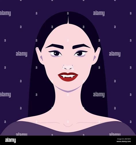 Portrait Of A Beautiful Vampire Woman With Black Hair And Red Lips Vector Illustration Stock
