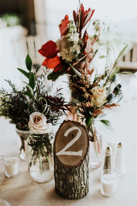 Wood Stump Table Number With Fall Leaf Centerpiece