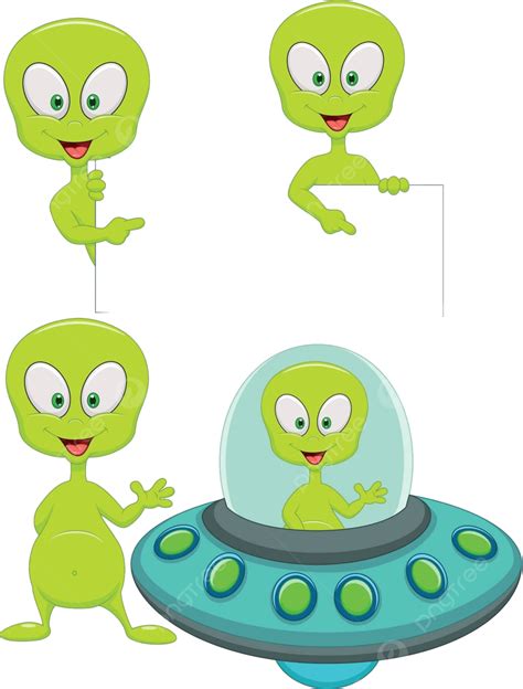 Cute Green Alien Cartoon Set Concept Placard Comic Vector Concept