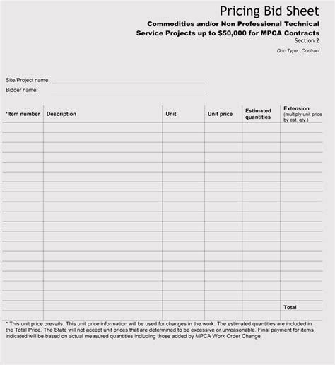 Free Printable Contractor Bid Forms