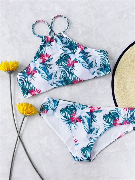 Calico Print Cross Strap Bikini Set Shein Sheinside