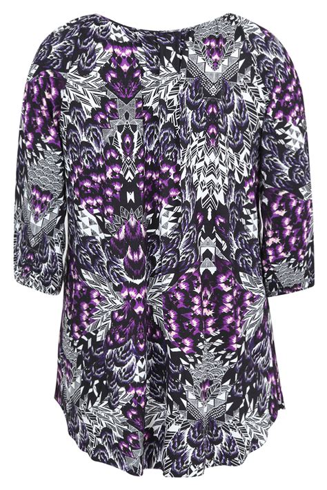 Black And Purple Mixed Print Blouse With Keyhole Detail Plus Size 1618