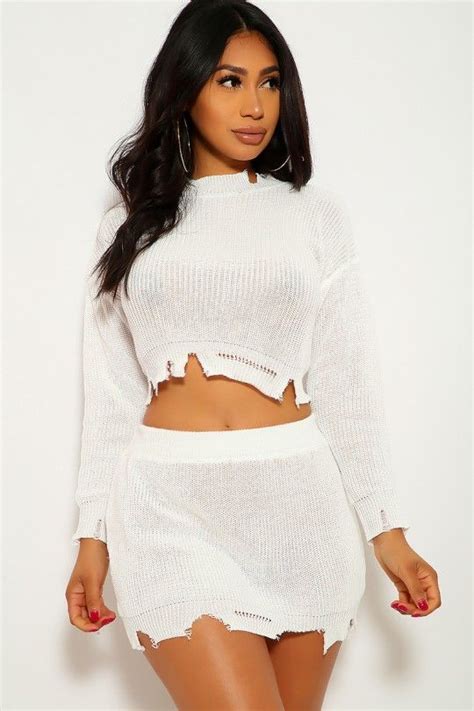 White Knitted Long Sleeve Casual Two Piece Dress Two Piece Dress