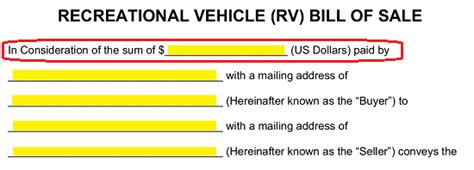 Free Recreational Vehicle Rv Bill Of Sale Form Pdf Word Eforms