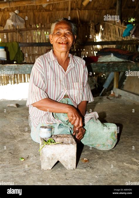 Smiling Elderly Local Woman Mixing Betel Juice In Her Traditional Rural House Ende Village