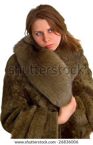 Women In A Natural Beaver Lamb Fur Coat Isolation On The White Stock