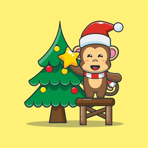 Premium Vector Cute Monkey With Christmas Tree Cute Christmas Cartoon