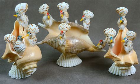 Lot Of 3 Natural Sea Shells Birds On Conch Indian Vintage Collectable