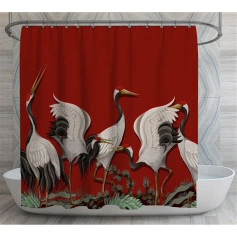 Chinoiserie Shower Curtains White Cranes Shower Curtain Red Etsy