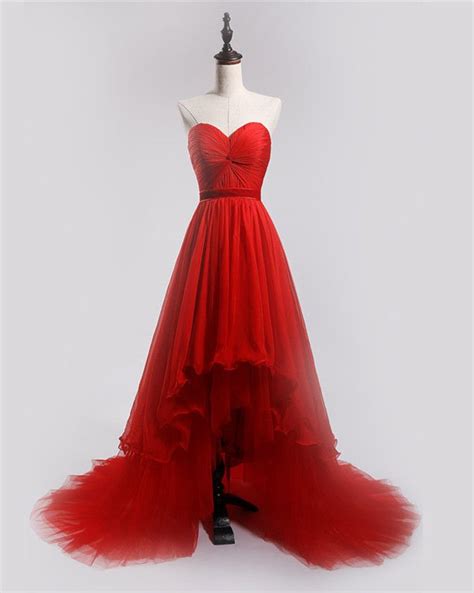 Red Strapless Sweetheart Ruched High Low Tulle Prom Dress Evening