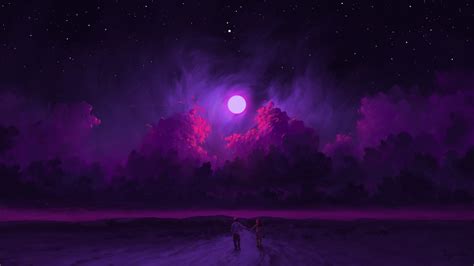 Couple Bisbiswas Digital Painting Artwork Night Sky Moon Clouds