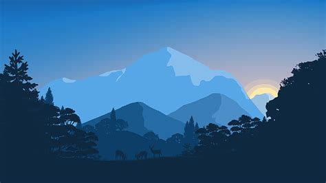 Ilustración Digital De Montaña Negra Azul Y Gris Sunset Forest