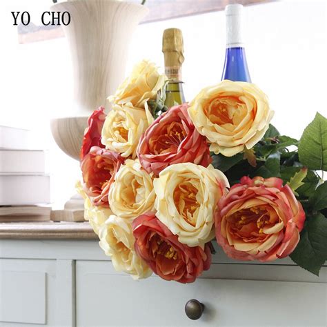 yo cho white peonies artificial silk flowers red rose flower bouquet